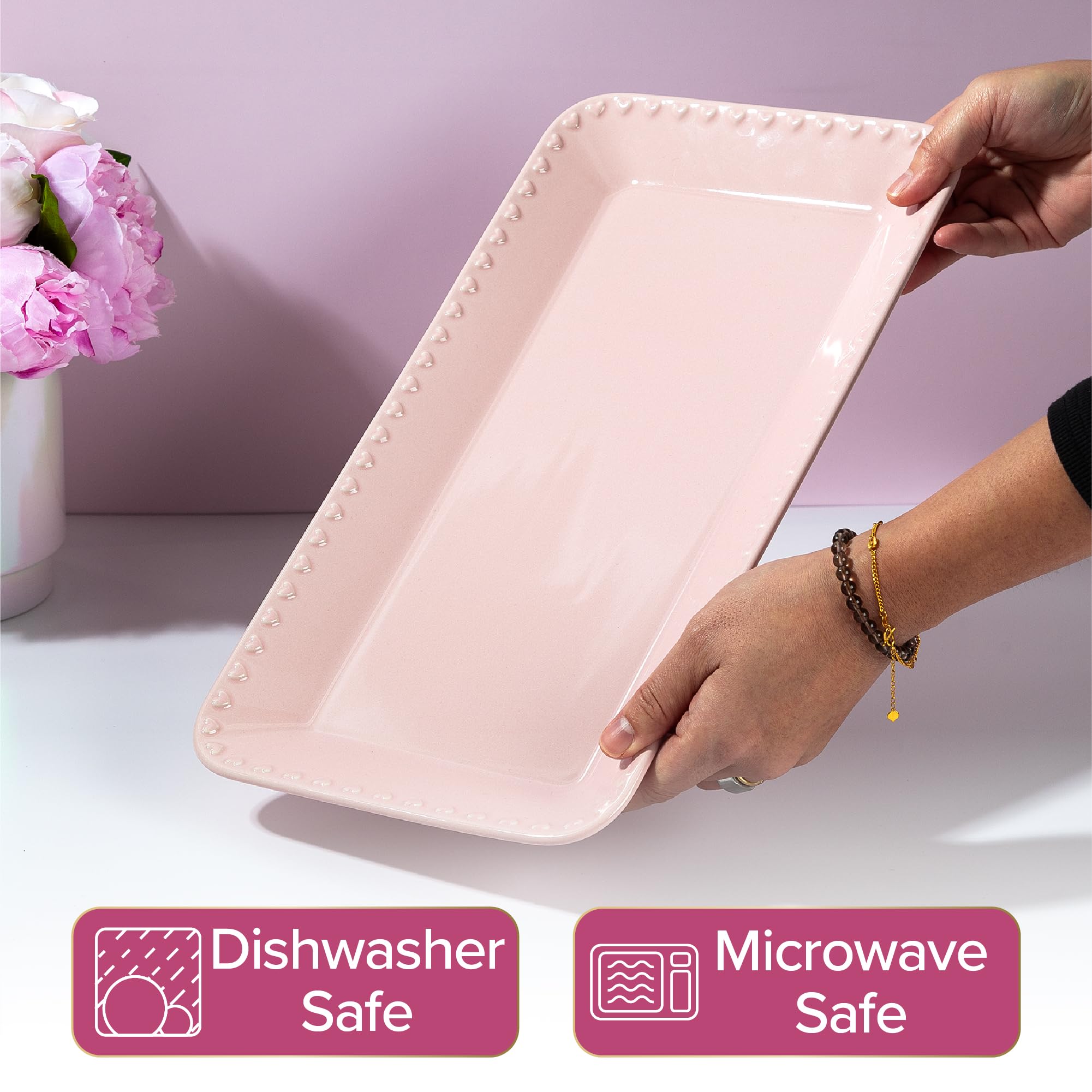 Paris Hilton Rectangle Ceramic Stoneware Serving Platter Tray, Embossed Hearts, Microwave Safe, 15x8-Inch, Pink