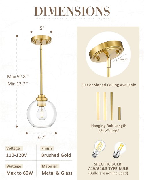 JAZAVA Modern Polished Gold Pendant Light, 7Inch Mid Cenrury Globe Hanging Light Fixture with Clear Glass for Kitchen Island Dining Room Bedroom Hallway Foyer (1 Pack), PL101BG