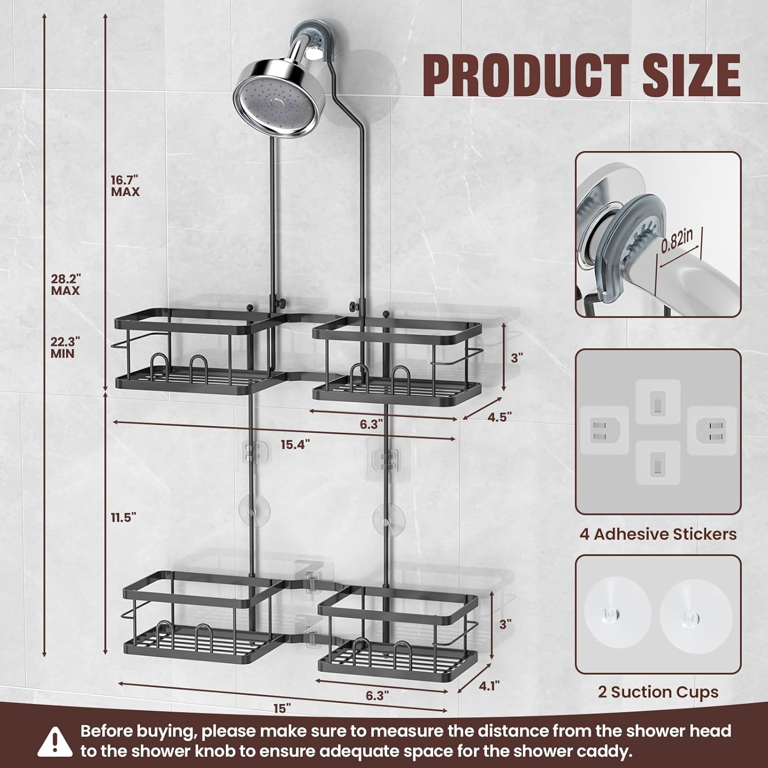 Reinhardt Adjustable Shower Caddy - Rustproof Hanging Organizer with Hooks & Soap Holder | Black
