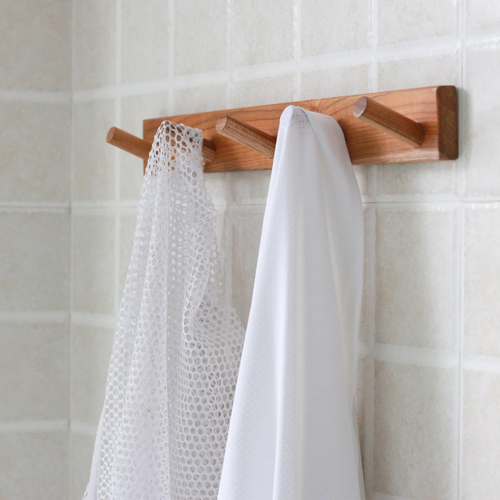 Cobnap Natural Teak Wall-Mounted Coat Rack (Set of 2, 16.6")-Farmhouse Entryway Hooks with 5 Wooden Hooks Each, Rustic Bathroom Wall Pegs for Jackets, Backpacks & Towels