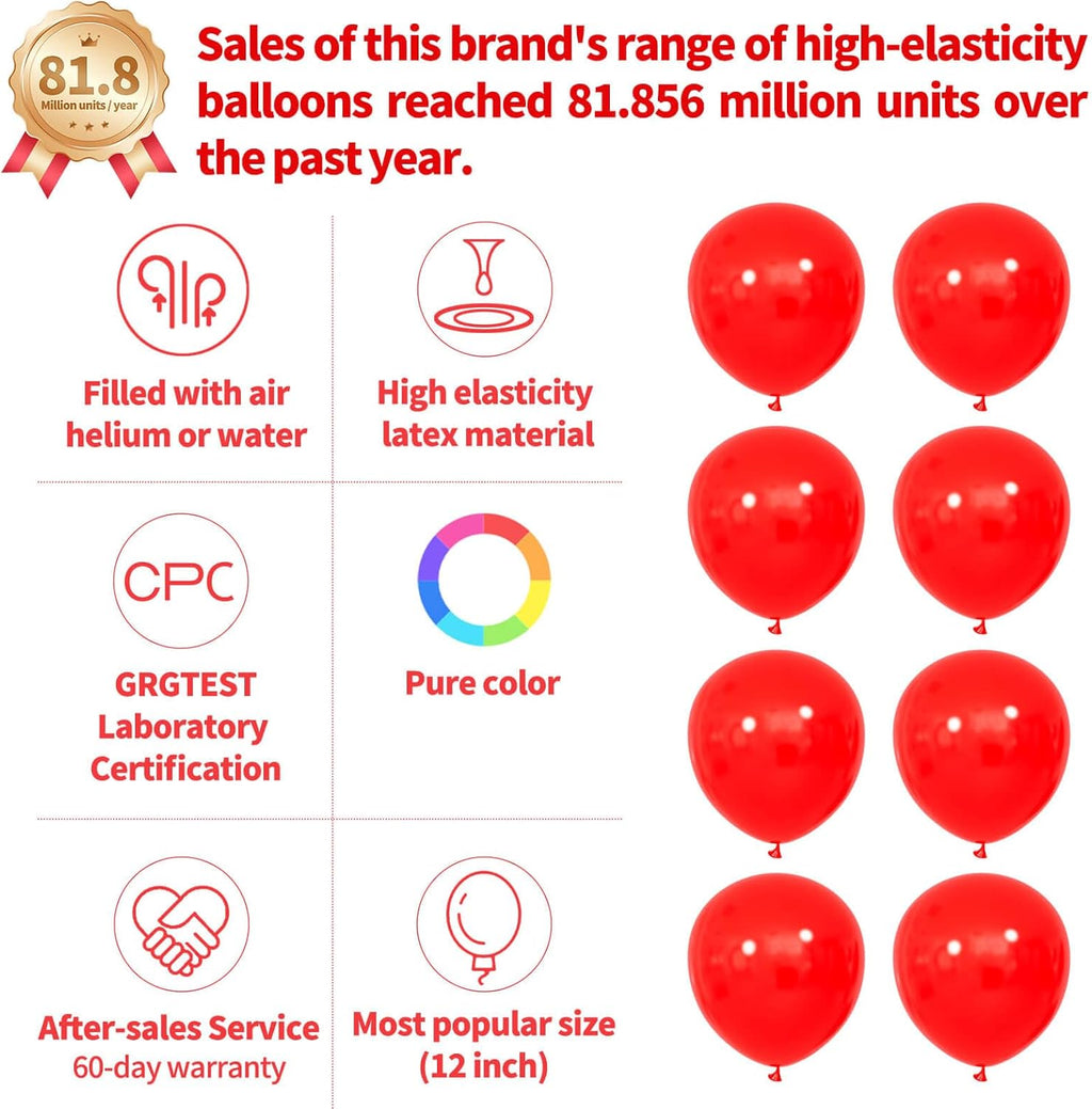 Red Balloon 110pcs - 12 Inch Red Latex Balloons for Birthday, Valentine's Day & Wedding | Includes 2 Ribbons