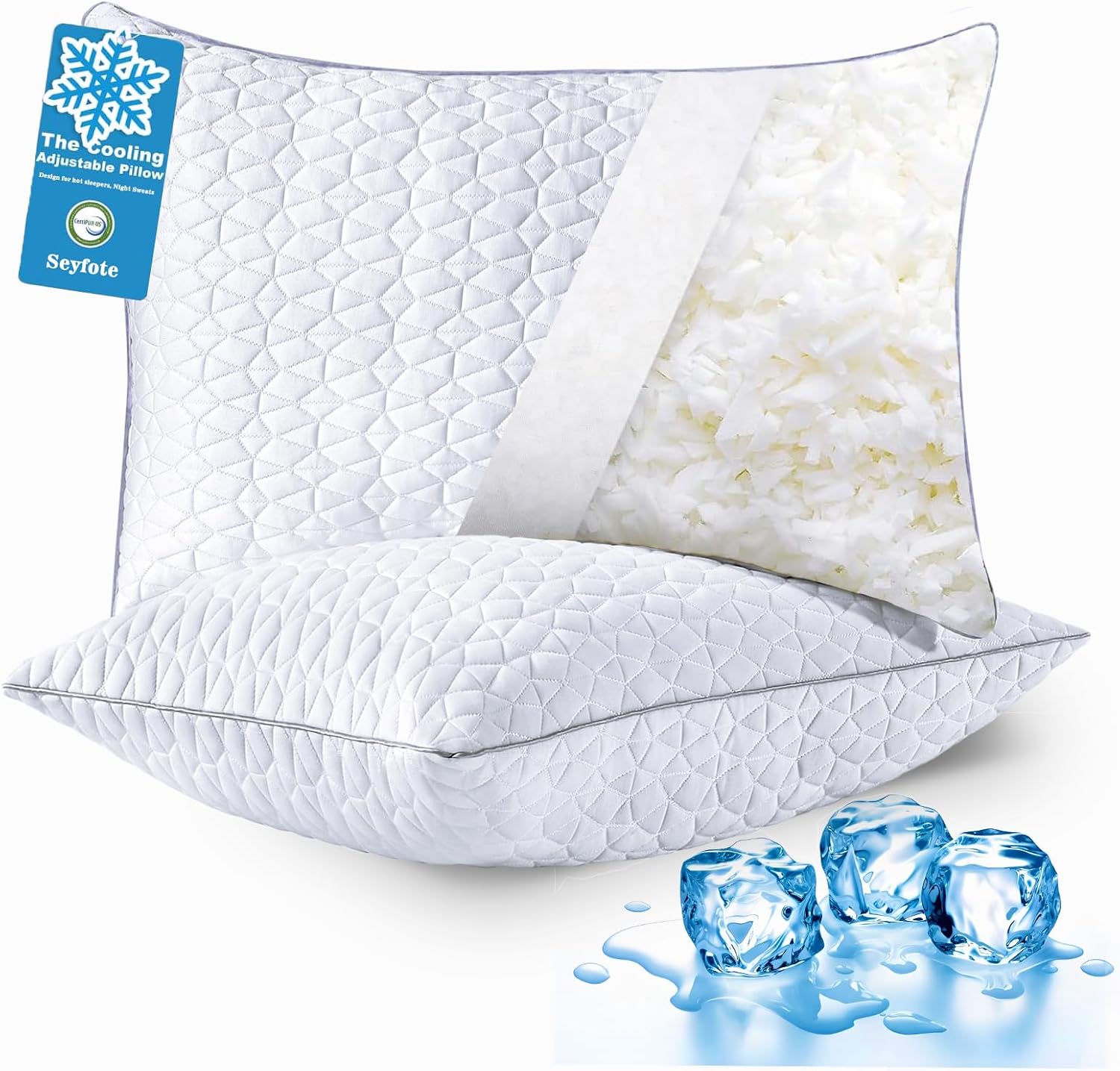 Skiennix Cooling Pillows | Queen Size Set of 2 | Shredded Memory Foam for Hot Sleepers | 20" x 30", White