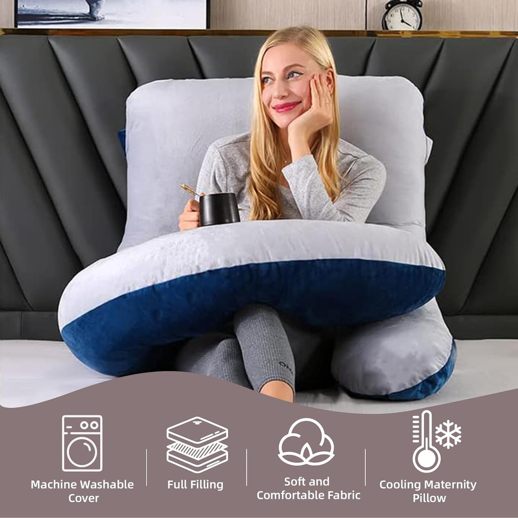Skiennix 60 Inch U-Shaped Pregnancy Pillow - Cooling Full Body Maternity Support with Washable Velvet Cover | Light Grey & Blue