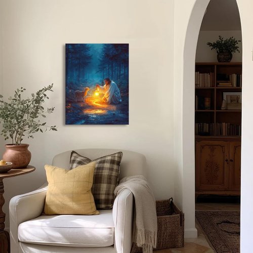 Christian Wall Art Decor - Serenity Prayer & Jesus with Lost Lamb Picture | Inspirational Baptism Gift for All