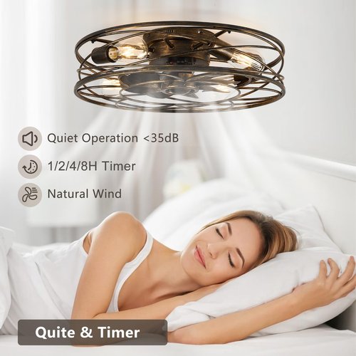 Flush Mount Caged Ceiling Fan: 20" Caged Ceiling Fan with Lights and Remote, Bladeless Low Profile Ceiling Fans 6 Speed Reversible Quiet Industrial Enclosed Ceiling Fan for Bedroom Dining Room Kitchen
