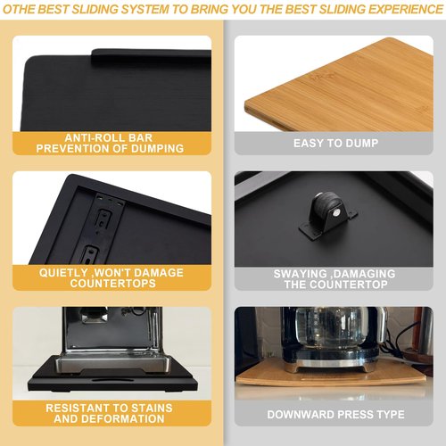 MinBoo Bamboo Appliance Slider,Sliding Tray for Coffee Maker, Kitchen Countertop Appliance Rolling Tray,Slides Easily from Under The Cabinet,Wide -Black- Large (16" Wx13 D)