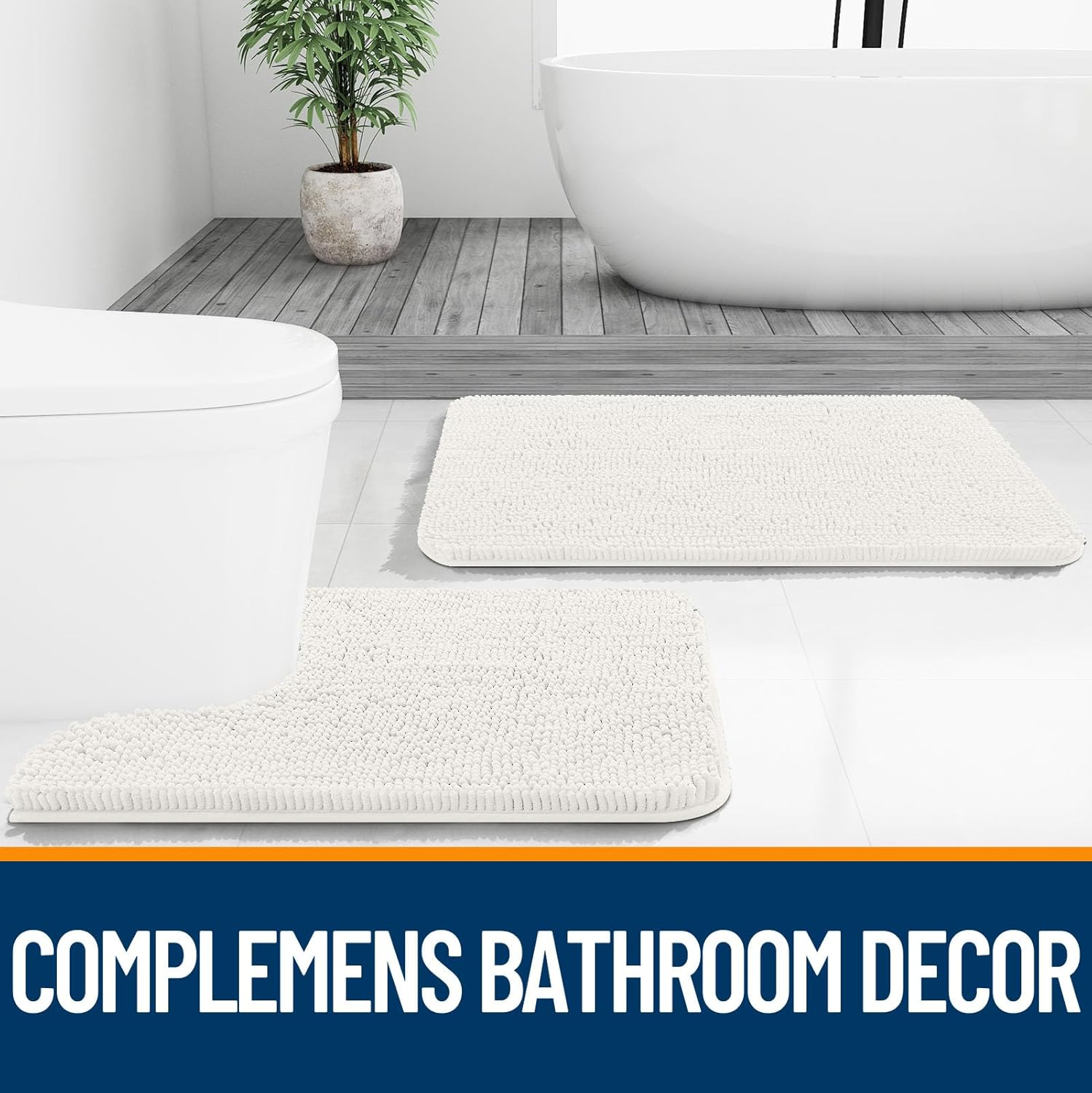 OLANLY U-Shaped Toilet Rugs - Extra Soft Chenille Bathroom Mat, 24x20, Quick-Dry & Non-Slip, Ivory