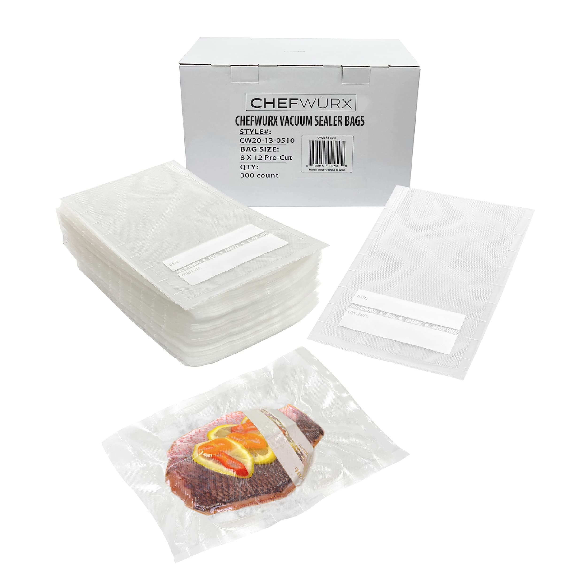 Chefwurx Pre-Cut Vacuum Sealer Bags – 300 Pint Bags for Food Saver – BPA-Free Vacuum Seal Bags, Microwave, Freezer and Boil Safe, Compatible with Most Vacuum Seal Machines (8” x 12”)