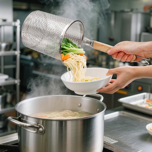 ZAVOOS 4 Pack Pasta Strainer, 5.5''D x 6''H Large Stainless Steel Mesh Spider Noodle Basket with Wood Handle, Fine Kitchen Food Skimmer Cooker for Spaghetti, Dumpling Boiling, Rinsing, Blanching