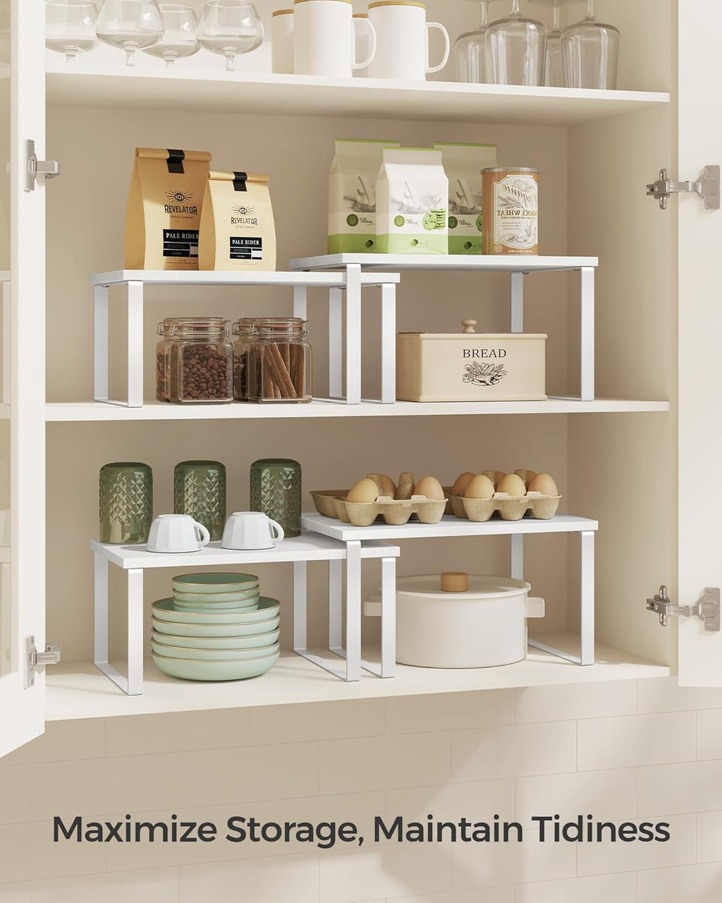SONGMICS Kitchen Organizer Shelves - Set of 2 Stackable Spice Racks in Cloud White & Snow White