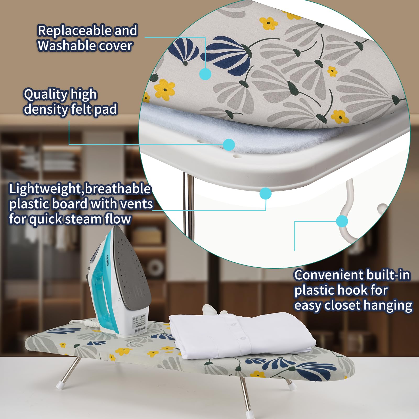 Slieton Tabletop Ironing Board 12"x29" – Portable Folding Ironing Board with Thick Felt Padding, Heat-Resistant Cover, Stainless Steel Legs, Compact & Space-Saving Design (Dandelion)