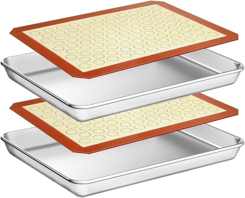 Wildone Baking Sheet Set - Stainless Steel Cookie Sheet with Silicone Mats | 4-Piece, 10 x 8 x 1 Inch, Non-Toxic & Easy Clean