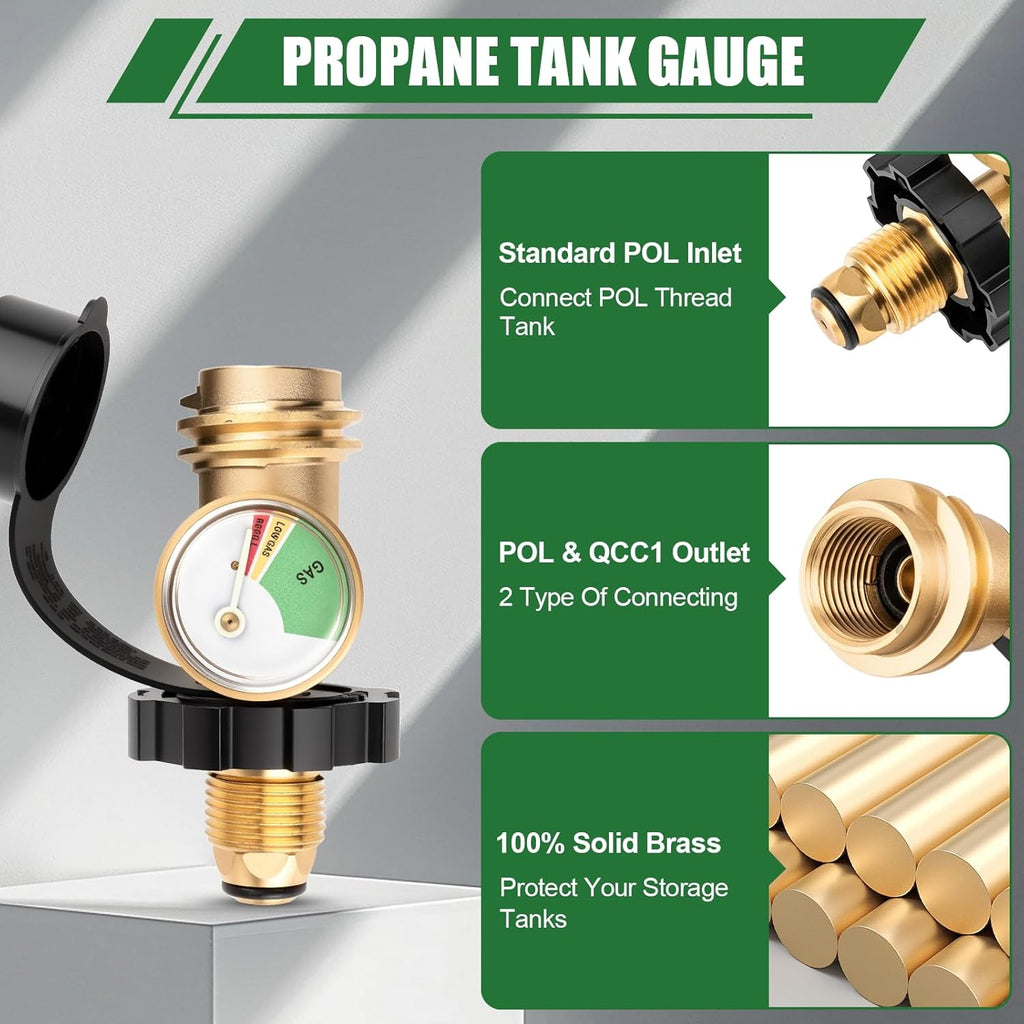 Skiennix 100 lb Propane Tank Adapter - POL to QCC1 Connection with Built-In Gauge for Easy Monitoring