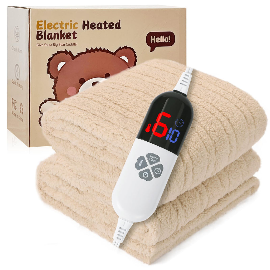 LUZARTA Heated Blanket Full Size 72"X84" Beige - Soft Double Sided Sherpa Electric Blanket Full Size with LED Display, 6 Heating Levels & 10 hrs Timer, Machine Washable & Fast Heating, Gift for Women