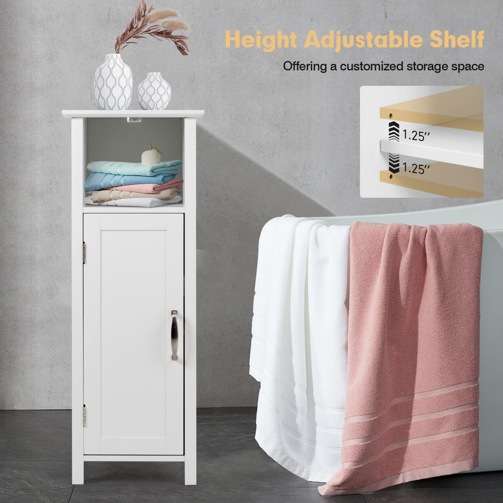COSTWAY Bathroom Storage Cabinet, Freestanding Narrow Storage Organizer with Open Shelf & Adjustable Shelf, Small Slim Floor Cabinet for Bathroom, Living Room, Entryway, Office, White