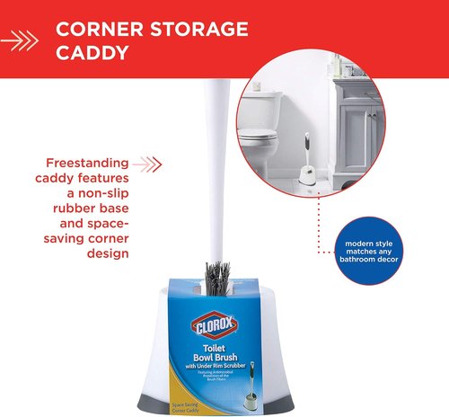 Clorox Toilet Bowl Brush - Under-Rim Design with Corner Storage Caddy | 16 x 5 x 5.5 in