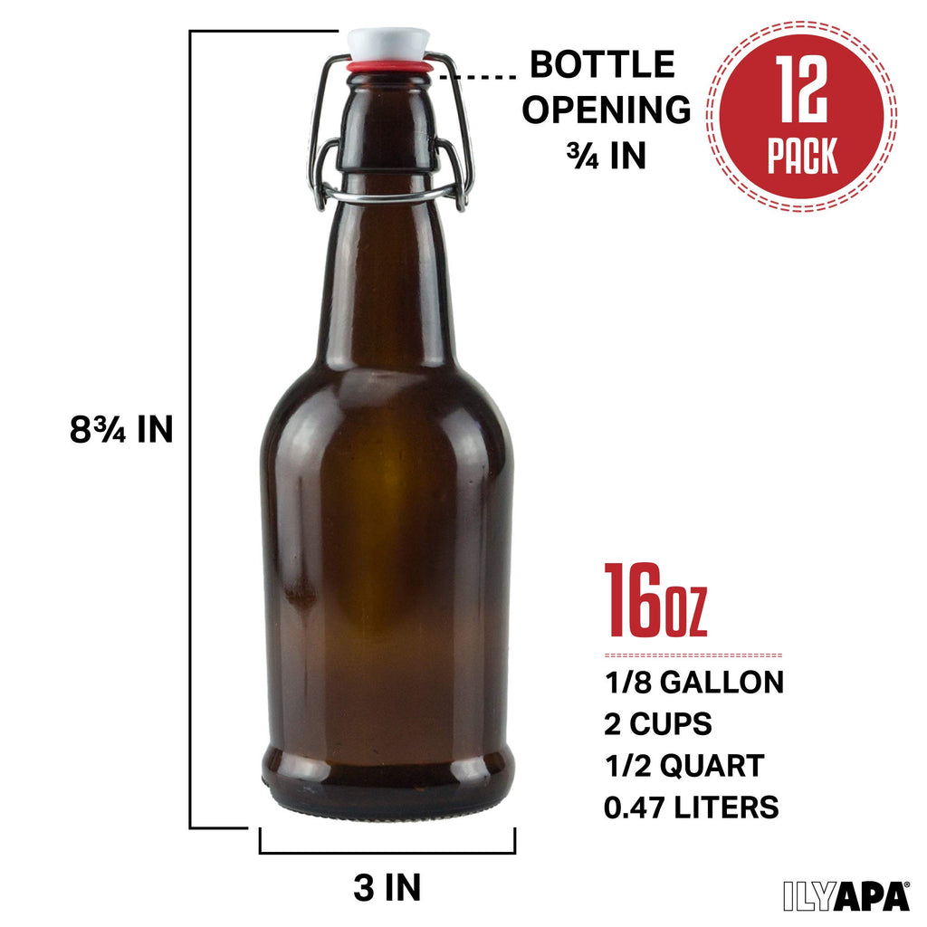 Ilyapa 16 Ounce Amber Swing Top Glass Bottles - 12 Pack Flip Top with Airtight Lid, for Home Brewing - Kombucha, Soda, Coquito, Kefir, Juice