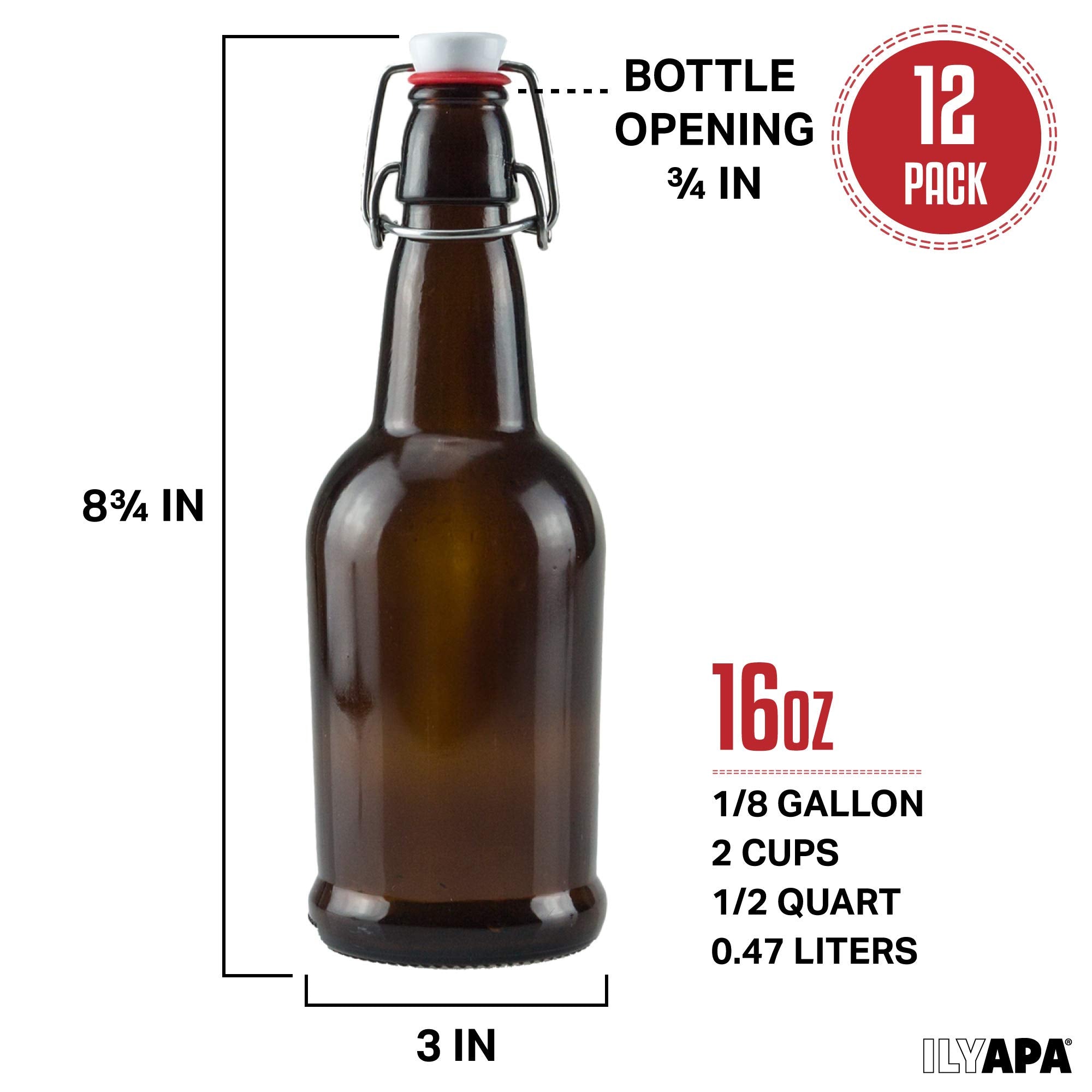 Ilyapa 16 Ounce Amber Swing Top Glass Bottles - 12 Pack Flip Top with Airtight Lid, for Home Brewing - Kombucha, Soda, Coquito, Kefir, Juice