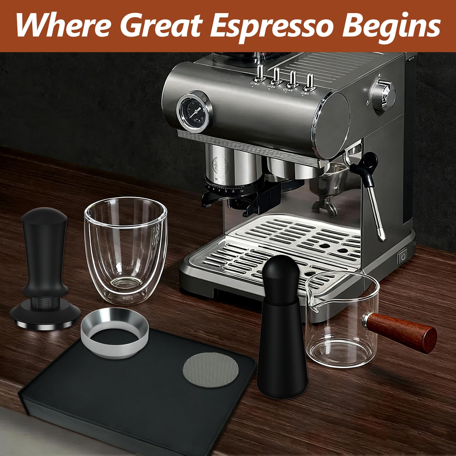 7 Pcs 51mm Espresso Accessories Kit, Spring Loaded Calibrated Tamper, WDT Tool, Coffee Measuring & Espresso Cup and Tamper Mat, Puck Screenr & Dosing Funnel, 51mm Espresso Machine Accessories