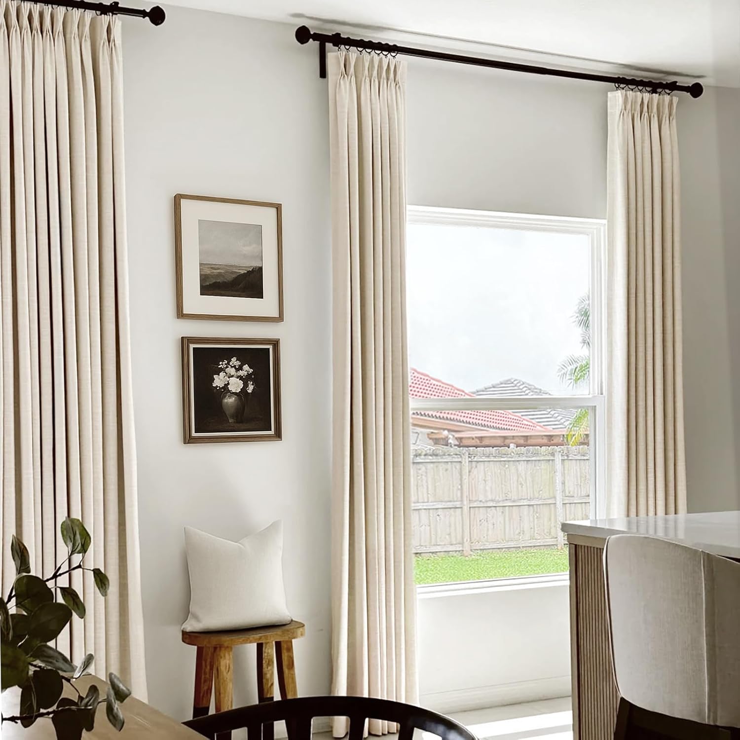 Skiennix 100% Blackout Linen Pinch Pleated Curtains - 96 Inch Long, Cream 2 Panel Set for Bedroom & Living Room