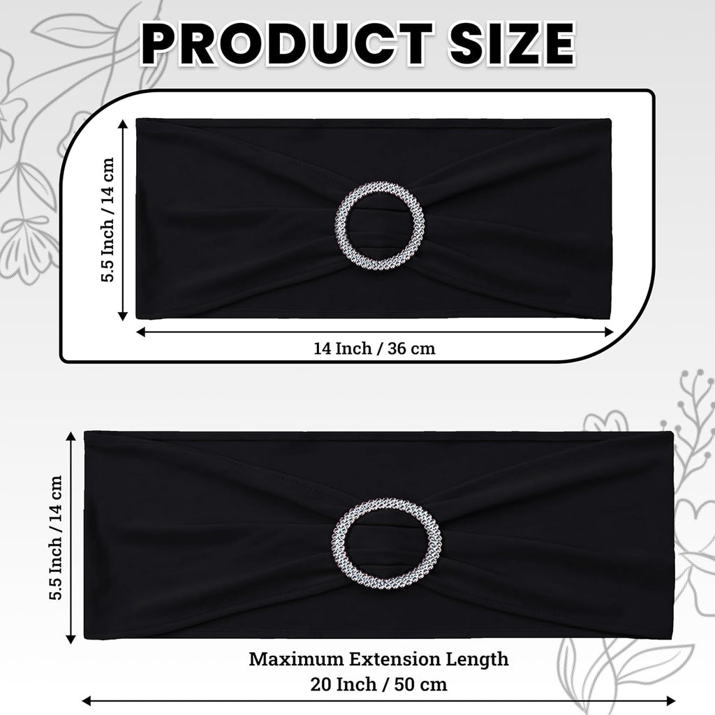 MDS Premium Stretch Chair Sashes - Pack of 50 Elastic Covers with Buckle Slider | Black for Weddings & Events