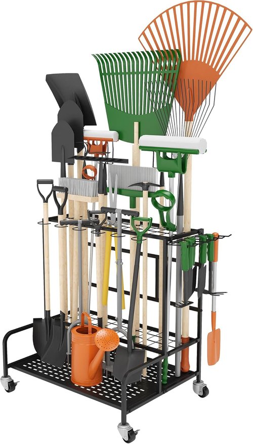 Garden Tool Organizer Rack - Heavy-Duty Steel with Wheels | Holds Up to 39 Tools, 12 Hooks, Black