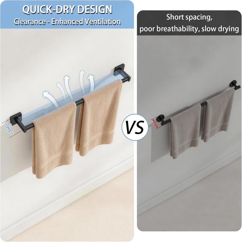 MKO Towel Bar - 24" Hand Towel Holder Rod | Durable Black Metal Wall-Mounted Rack - 2 Pack