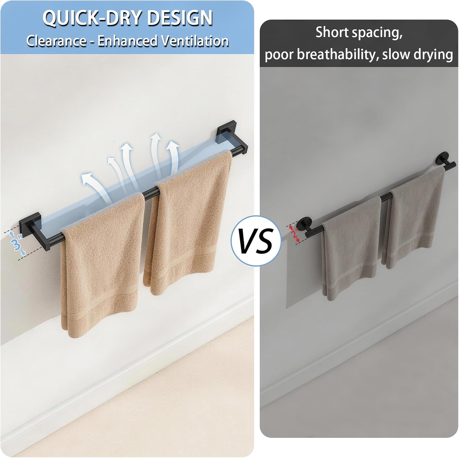 MKO Towel Bar - 24" Hand Towel Holder Rod | Durable Black Metal Wall-Mounted Rack - 2 Pack