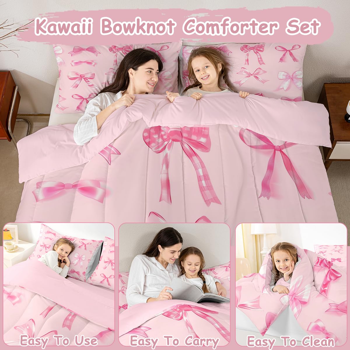 jejeloiu Pink Bow Bedding Set Twin Girls Bow Comforter Set for Kids Teens Girls Cute Bowknot Comforter Breathable Soft Lightweight Microfiber Kawaii Cute Pink Room Decor