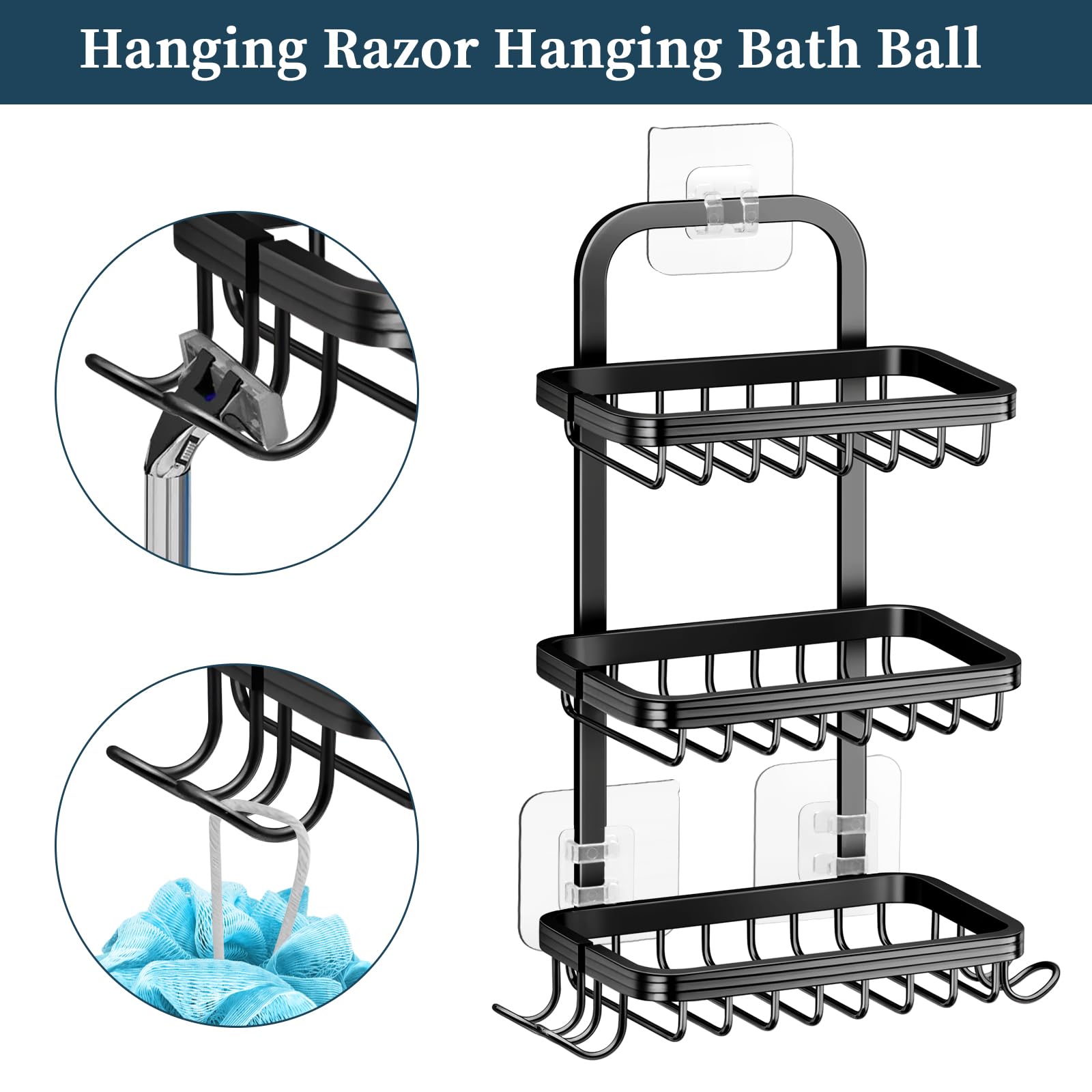 3 Tier Soap Bar Holder for Shower, Aluminum Wall Mounted Rustproof Soap Holder with 4 Hooks and Razor Holder, Shower Rack Soap Tray Bar Soap for Bathroom Accessories Organizer Black