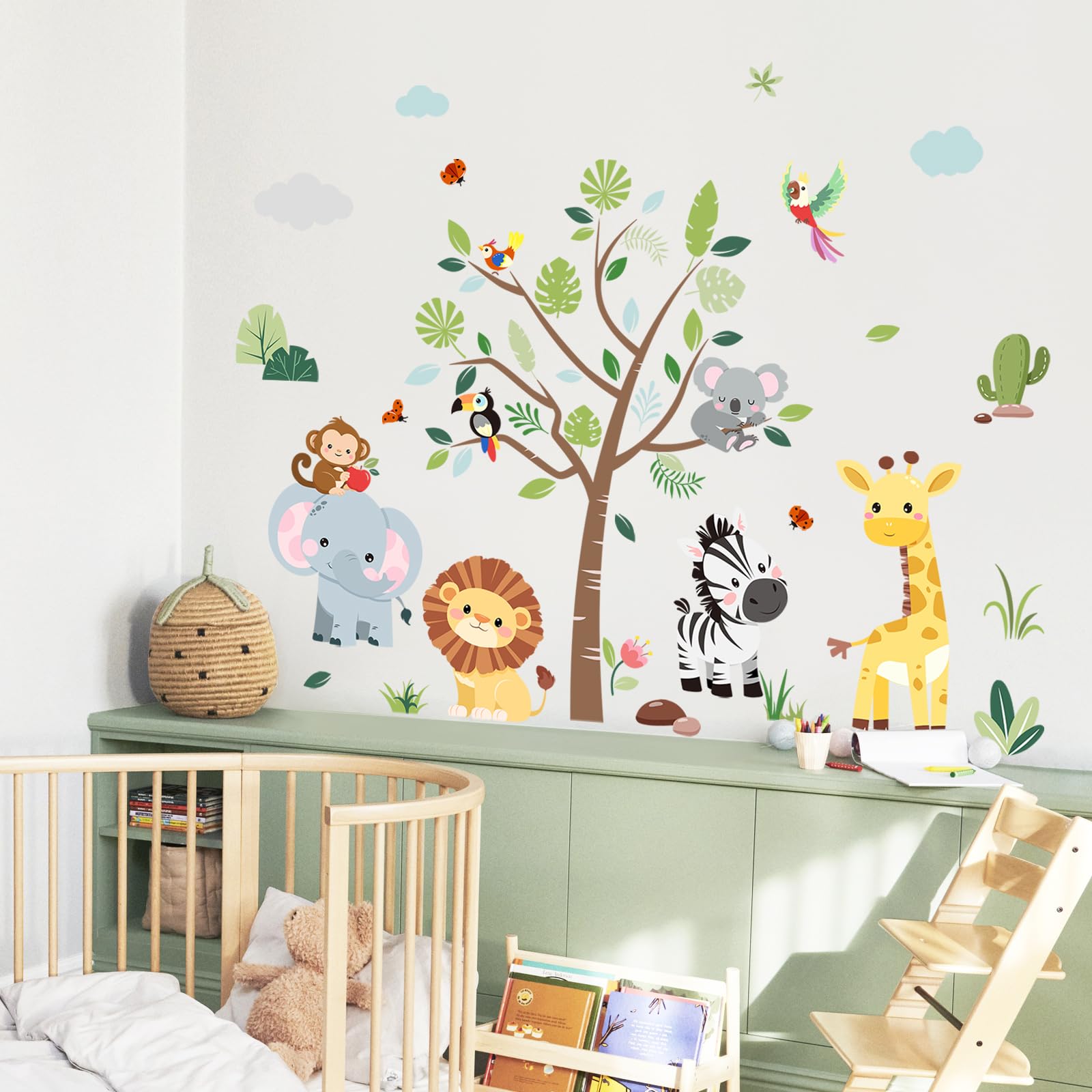 Supzone Jungle Animals Tree Wall Decals Safari Elephant Giraffe Lion Zebra Wall Stickers for Kids Toddlers Bedroom Living Room Baby Nursery Wall Decor