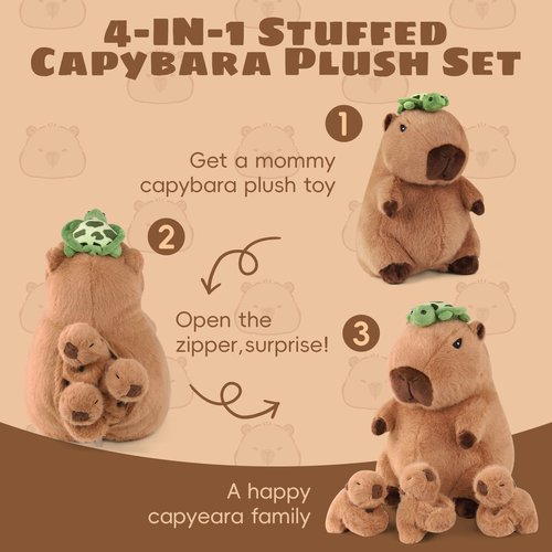 5 in 1 Capybara Plush Large Capybara Stuffed Animal with Babies, 12.8" Mommy Stuffed Capybara Plush Toy with 3 Baby Capibaras Peluches Capybara Plushies Pillow for Kids Birthday Valentines Plush Gifts