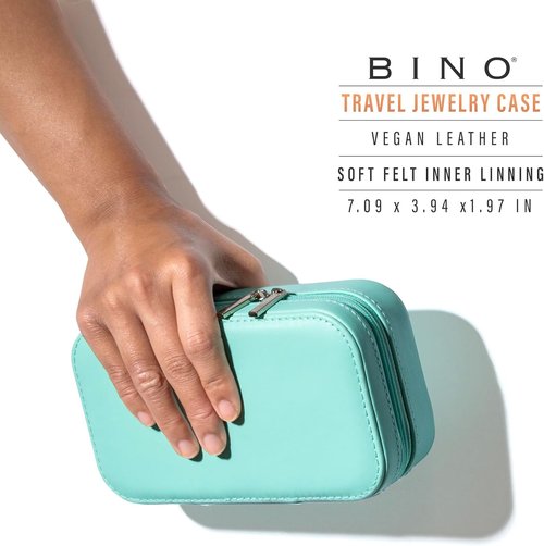 BINO Jewelry Case - Portable Compact Organizer with Mirror | Stylish Aqua Travel Box for Earrings, Rings & Necklaces
