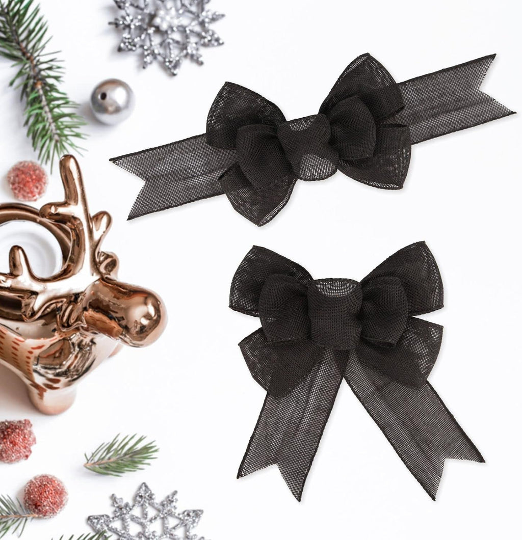 Meseey Black Wired Ribbon - 2 Pcs Handmade Burlap Bows for Wreaths & Gift Wrapping | Outdoor Decor