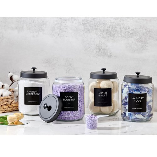 Glass Jars Laundry Containers with Lid, 0.5 Gallon Laundry Organization and Storage Jars, Laundry Detergent Container Laundry Powder Pods Holder, Glass Jar Wide Mouth with Scoops, Labels, 4 Pack