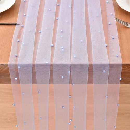 Joanlody Pearl Table Runner - 10ft Rustic Boho Tulle for Spring & Summer Events | Blue Decor