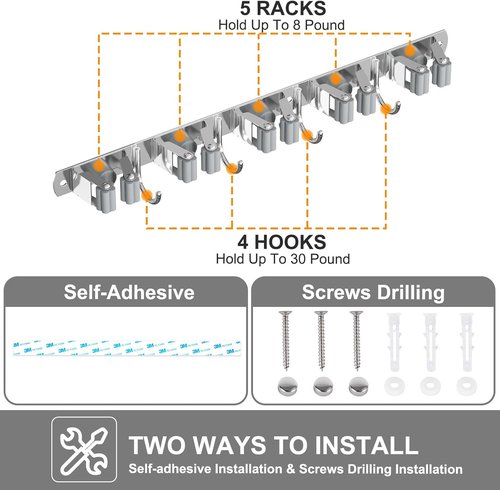 HANZENMA Broom Holder Wall Mount - Heavy-Duty Stainless Steel Organizer for Home & Garage | 5 Racks, 4 Hooks