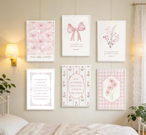 CBLIORUD Pink Christian Flower Canvas Wall Art - 6Pcs Bible Verse Decor for Bedroom & Nursery