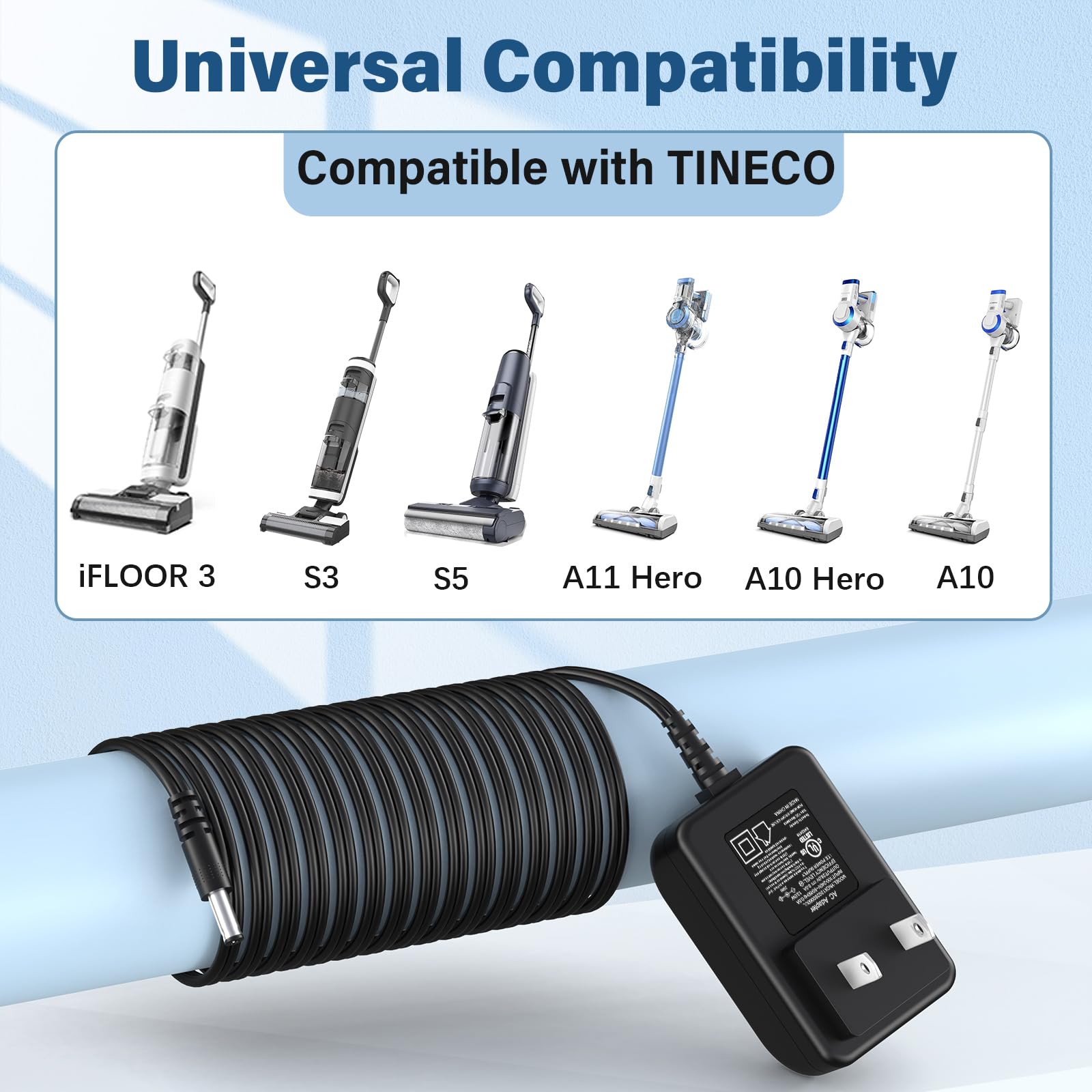 HIENADTOR 26V Charger for TINECO A10 A11 S3 S5 Cordless Stick Vacuum, Power Cord Adapter for TINECO iFLOOR 3 Series Wet Dry Cordless Vacuum Cleaner AC DC Power Adapter Supply, 6FT with UL Certified