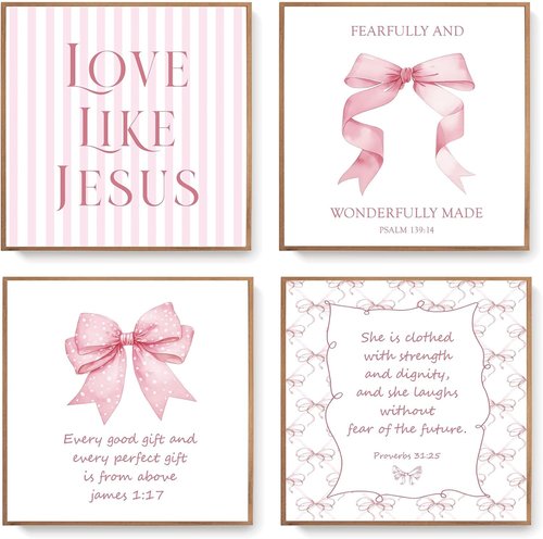 LARTSFRO Coquette Pink Bow Wall Art Decor - Inspirational Christian Posters for Teen Girls | Set of 4, 10x10 Inch Unframed