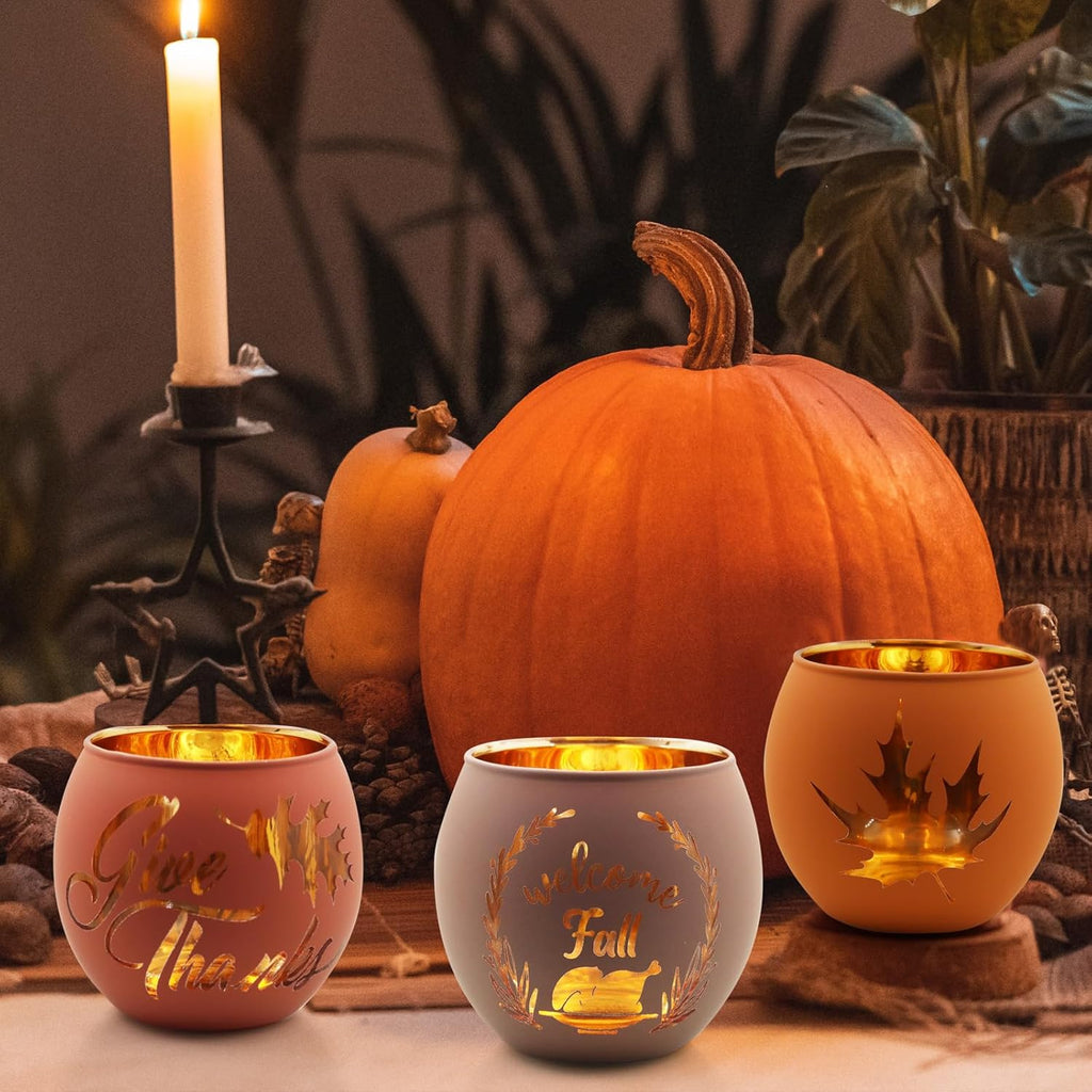 Thanksgiving Votive Candle Holder Set - 6 Glass Holders with Laser Engraved Patterns for Fall Decor