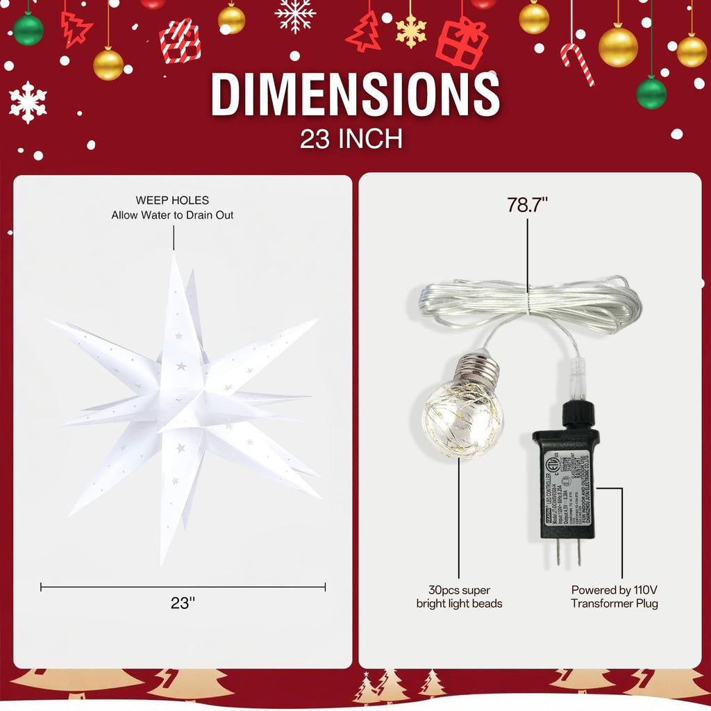 GALACOVE 23" Plug-in Moravian Star Outdoor Light with Timer, Warm White 3D PVC Christmas Star IP44 Waterproof Hanging Decoration for Porch, Garden, Wedding, Indoor Holiday Display