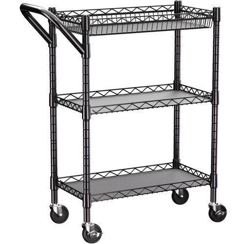 3 Tier Heavy Duty Rolling Utility Cart,18" D x 23.8" W x 36.6" H Rolling Carts with Wheels,Commercial Grade Metal with Handle Bar & Shelf Liner,Trolley Serving Storage Cart for Kitchen Black