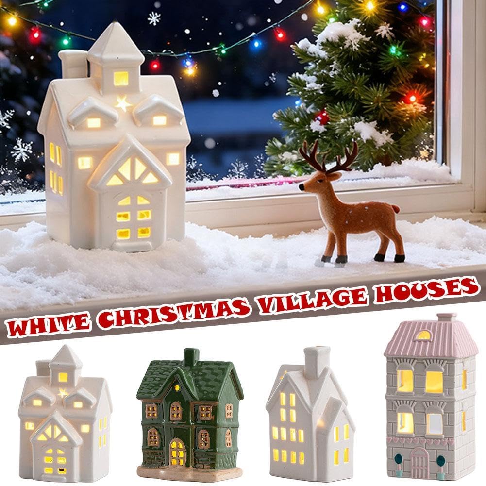 Skiennix Light Up Christmas Village House Decor - White Ceramic Tabletop Centerpiece (1 Piece)