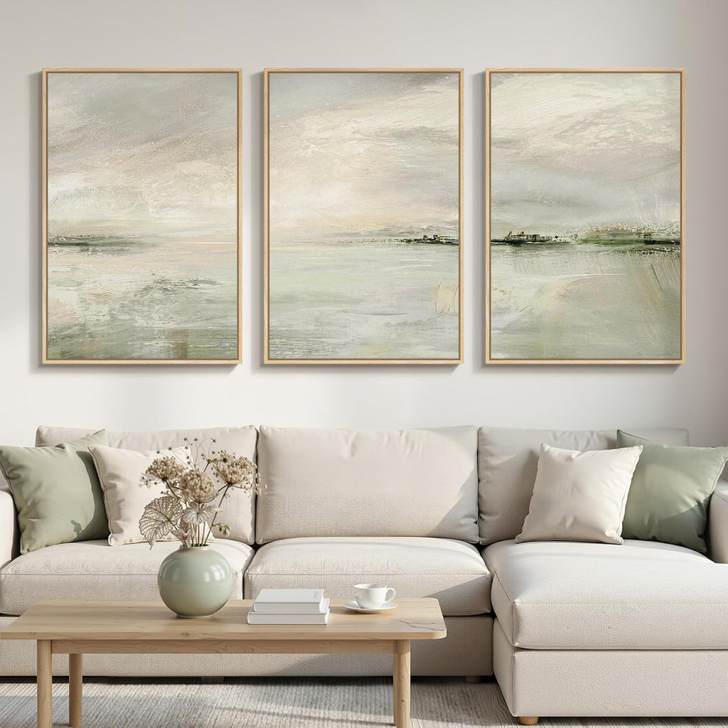 Skiennix Large Framed Sage Green Abstract Landscape Wall Art - 3 Piece Modern Canvas Prints | 24x36 In for Living Room & Office Decor
