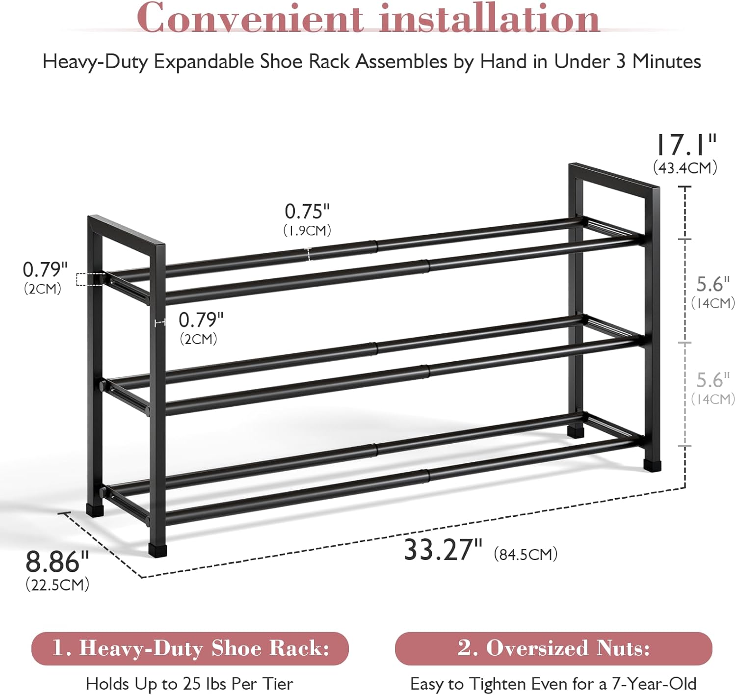 Bumusty 3-Tier Expandable Shoe Rack - Adjustable 18"-33" Organizer for Small Spaces, Sturdy Metal, Black