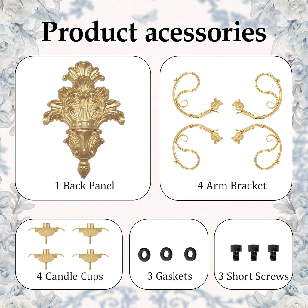 Roman Fountain Wall Sconce - 4-Candle Gold Baroque Candelabra | Antique Metal Wall Mounted Holder for Tapered Candles