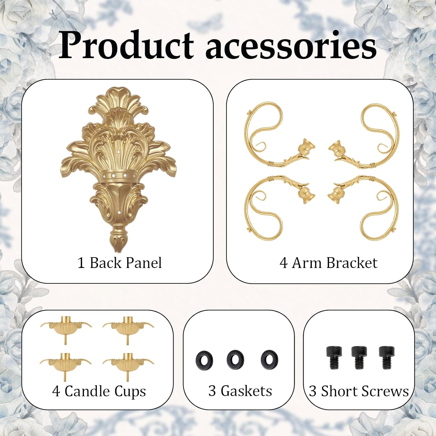 Roman Fountain Wall Sconce - 4-Candle Gold Baroque Candelabra | Antique Metal Wall Mounted Holder for Tapered Candles