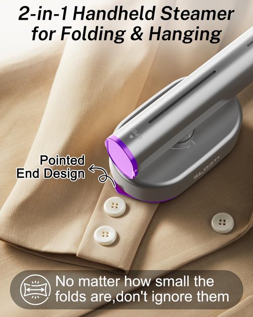 ELORTI Travel Clothes Steamer - Handheld Mini 2-in-1 Iron with 10s Fast Heat-Up, 1200W, Purple