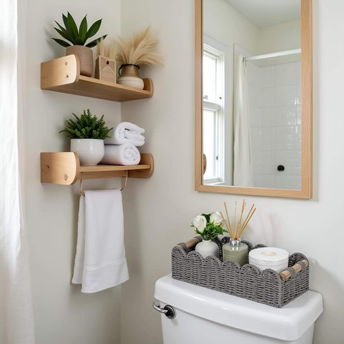 CubesLand Scalloped Edge Toilet Paper Storage Basket - Cozy Home Decor with 2 Wooden Handles | Grey